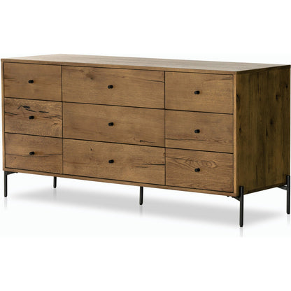 Eaton 9 Drawer Dresser by Four Hands in amber oak resin. Made from thick oak veneer, iron in a rustic style.