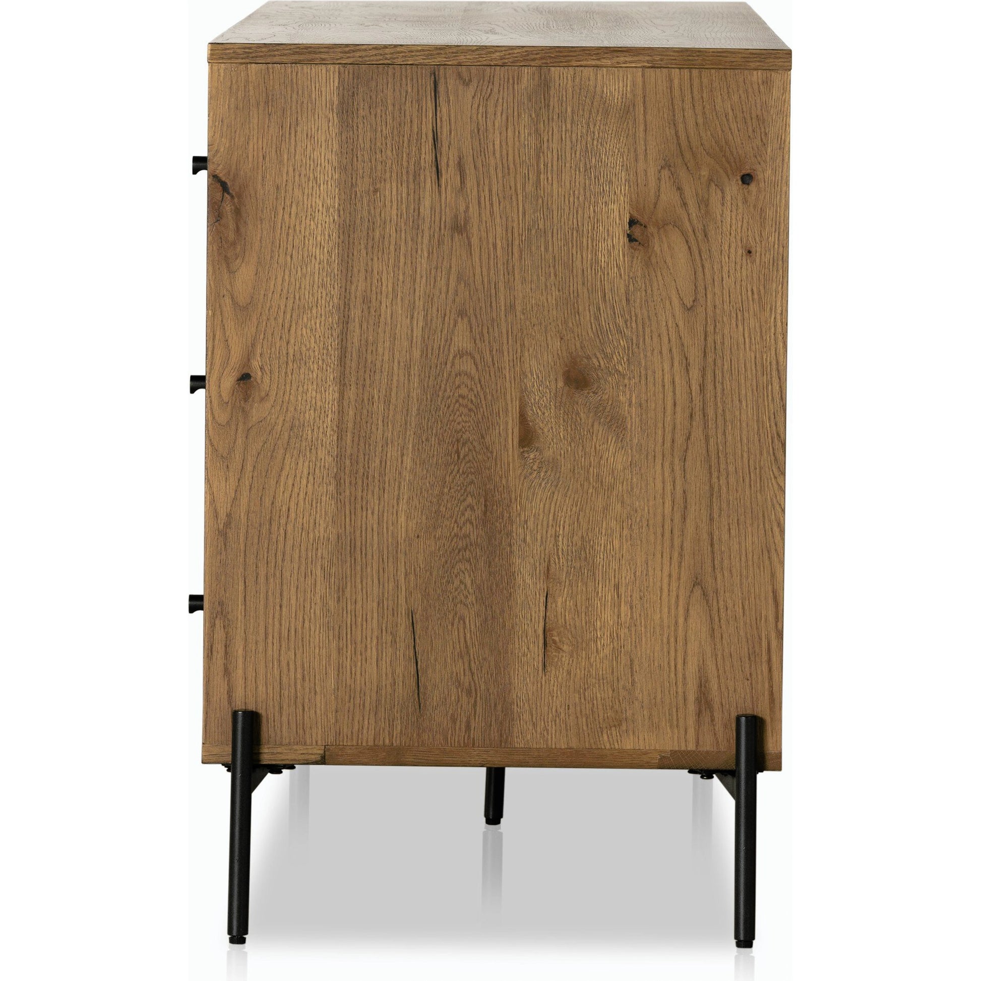 Eaton 9 Drawer Dresser by Four Hands in amber oak resin. Made from thick oak veneer, iron in a rustic style.