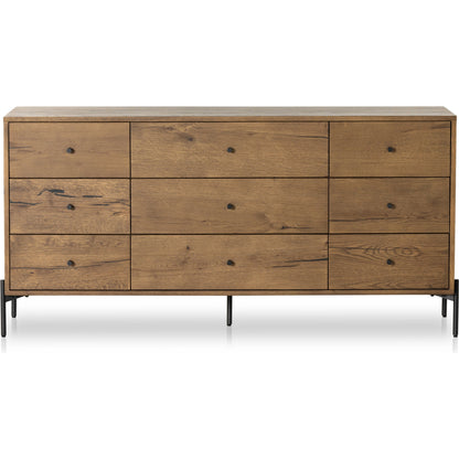Eaton 9 Drawer Dresser by Four Hands in amber oak resin. Made from thick oak veneer, iron in a rustic style.