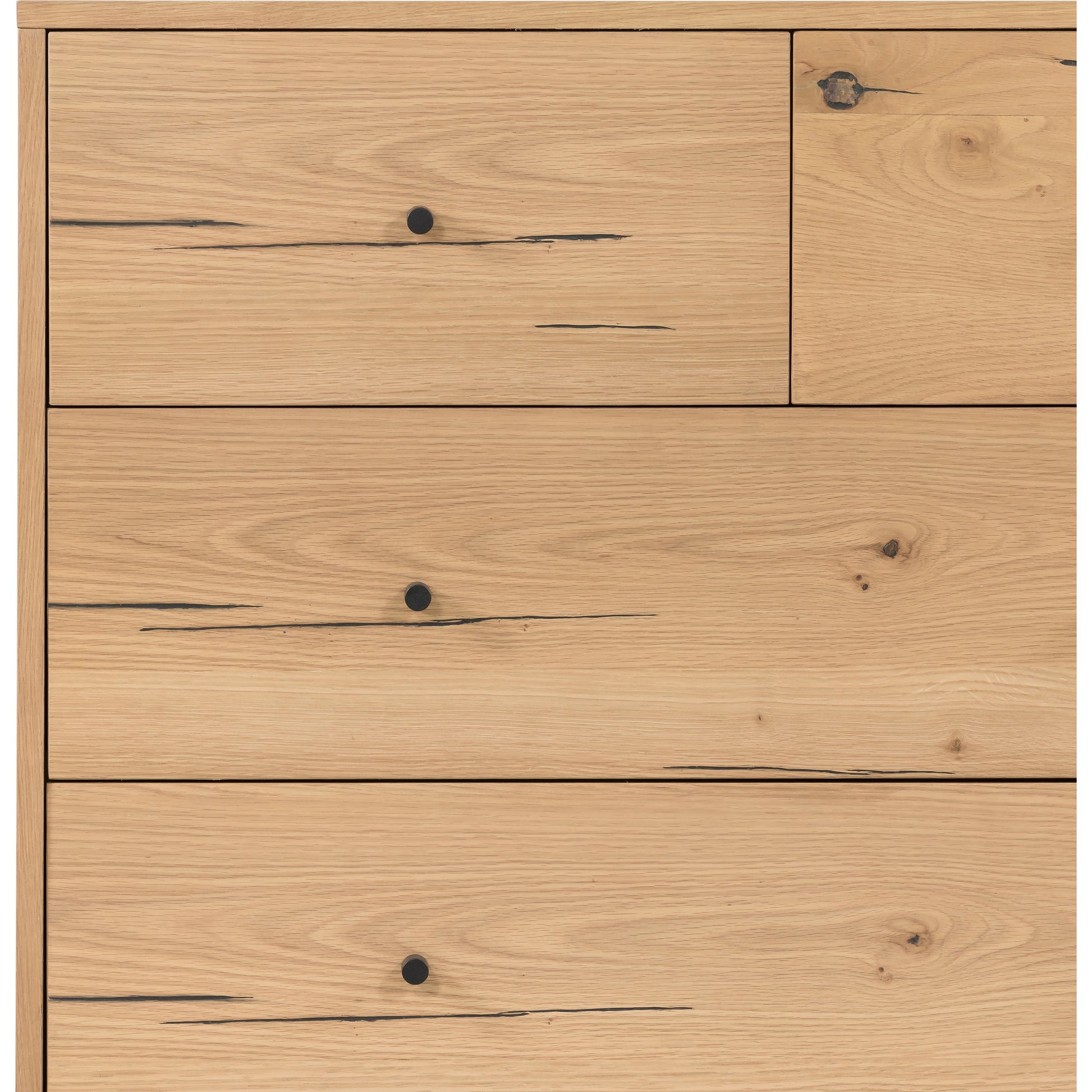 Eaton 5 Drawer Dresser by Four Hands in dark gunmetal, amber oak resin. Made from thick oak veneer, iron in a rustic style.