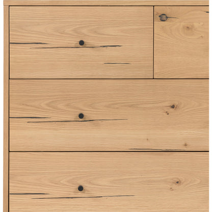 Eaton 5 Drawer Dresser by Four Hands in dark gunmetal, amber oak resin. Made from thick oak veneer, iron in a rustic style.