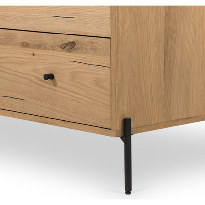 Eaton 5 Drawer Dresser by Four Hands in dark gunmetal, amber oak resin. Made from thick oak veneer, iron in a rustic style.