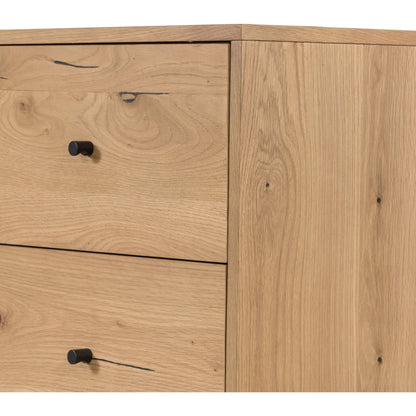 Eaton 5 Drawer Dresser by Four Hands in dark gunmetal, amber oak resin. Made from thick oak veneer, iron in a rustic style.