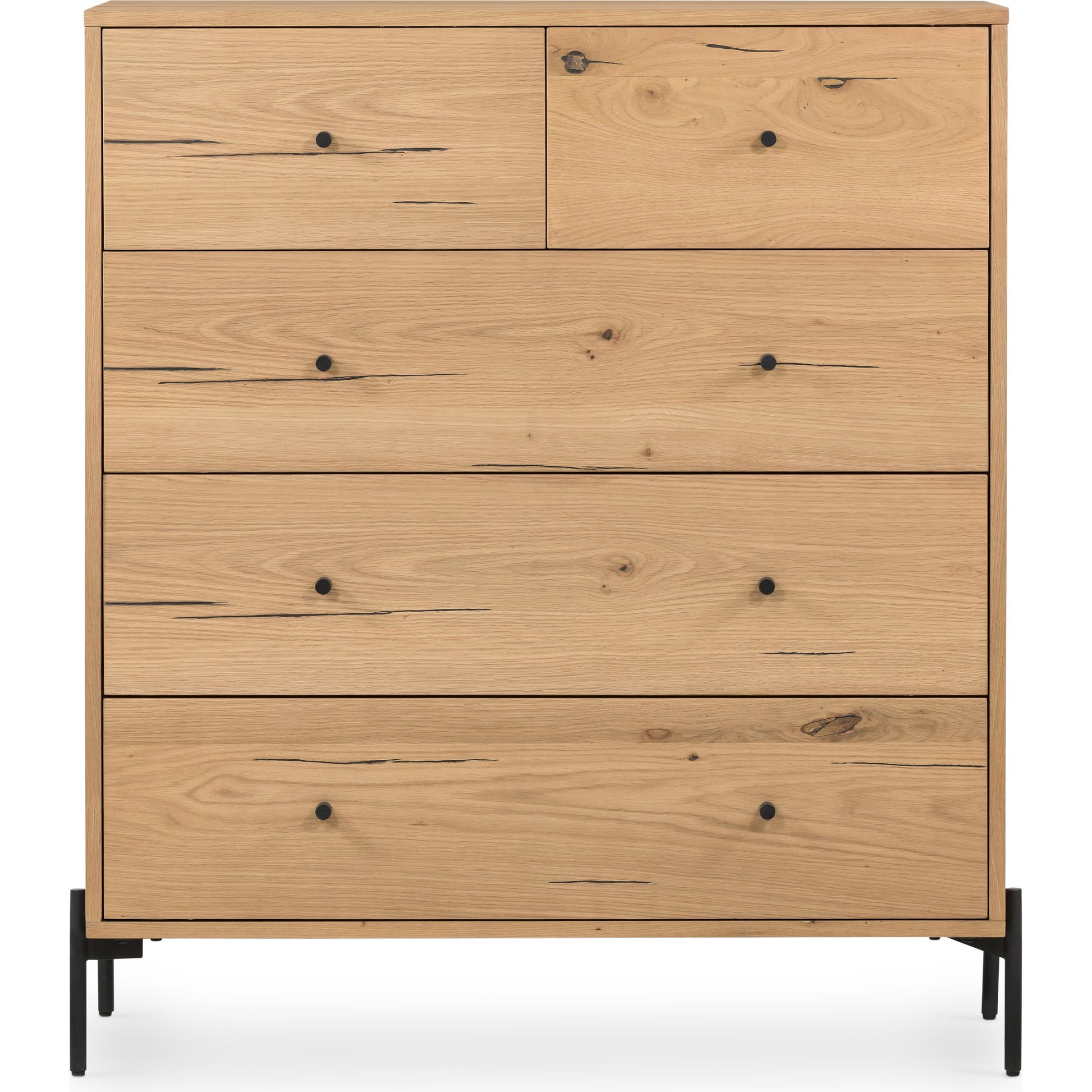 Eaton 5 Drawer Dresser by Four Hands in dark gunmetal, amber oak resin. Made from thick oak veneer, iron in a rustic style.