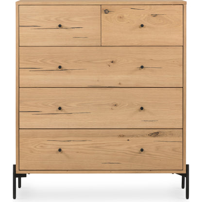 Eaton 5 Drawer Dresser by Four Hands in dark gunmetal, amber oak resin. Made from thick oak veneer, iron in a rustic style.