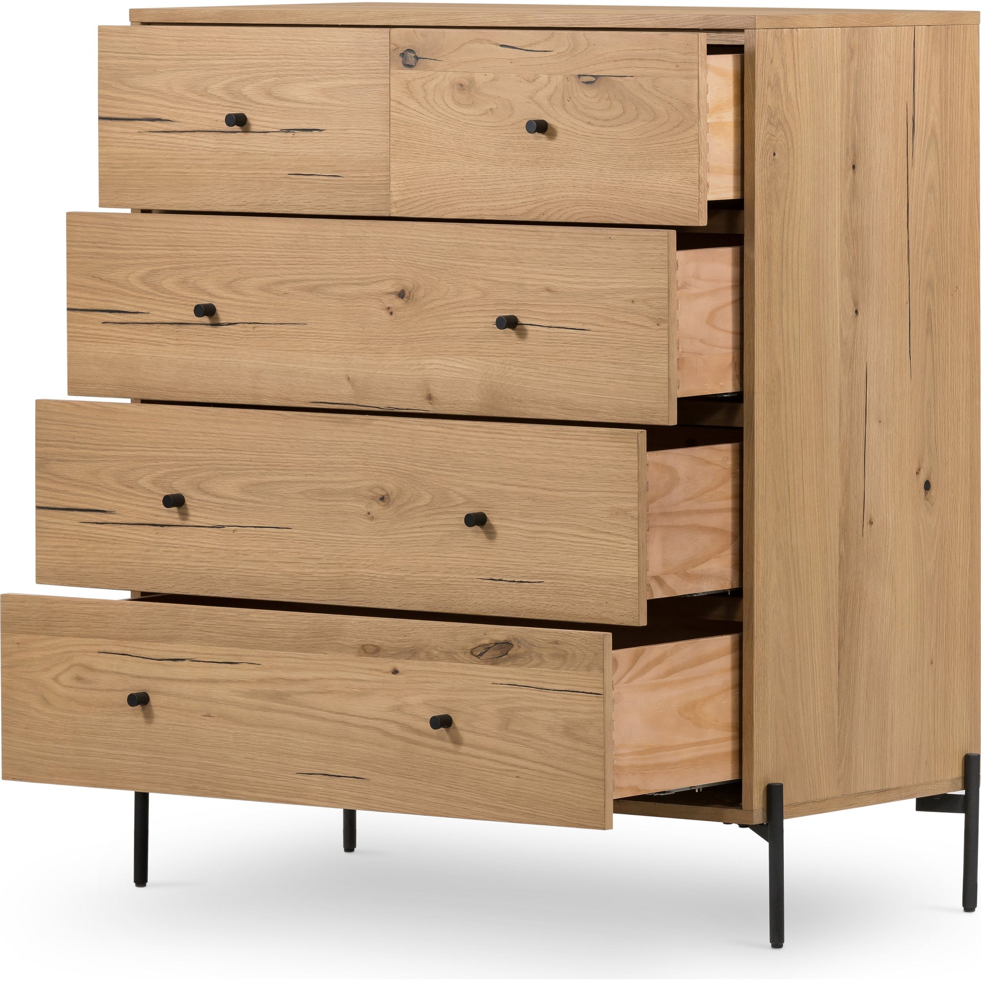 Eaton 5 Drawer Dresser by Four Hands in dark gunmetal, amber oak resin. Made from thick oak veneer, iron in a rustic style.