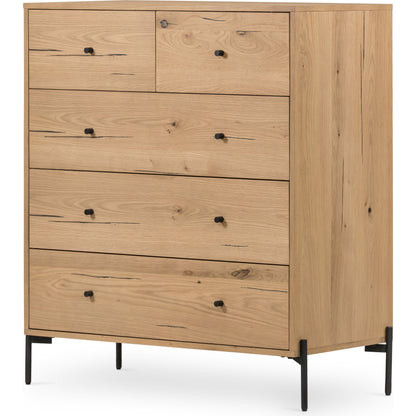 Eaton 5 Drawer Dresser by Four Hands in dark gunmetal, amber oak resin. Made from thick oak veneer, iron in a rustic style.