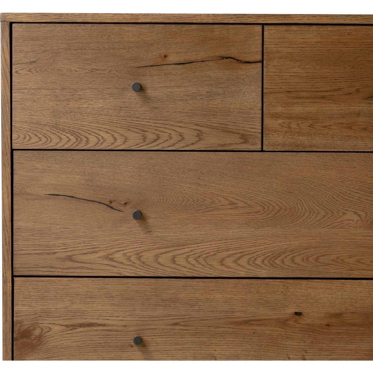 017 SI-1977260 | Closeup | Eaton 5 Drawer Dresser by Four Hands in dark gunmetal, amber oak resin. Made from thick oak veneer, iron in a rustic style.