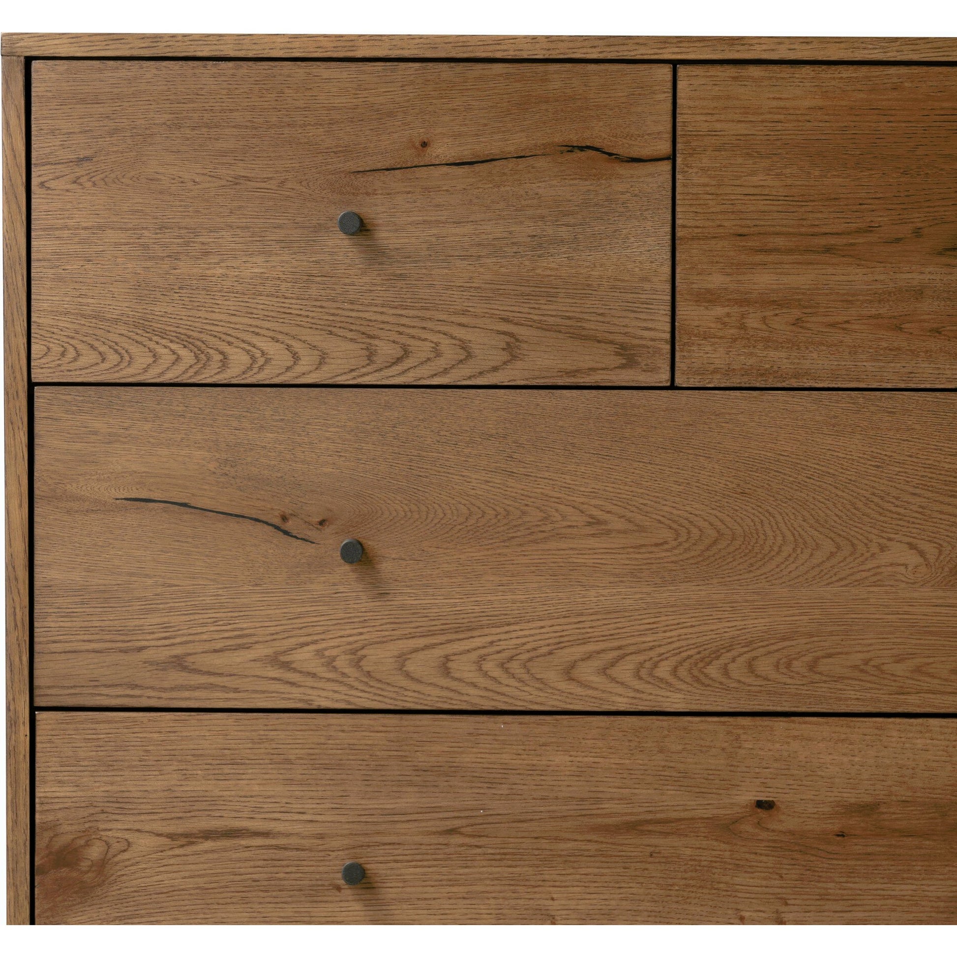 Eaton 5 Drawer Dresser by Four Hands in dark gunmetal, amber oak resin. Made from thick oak veneer, iron in a rustic style.