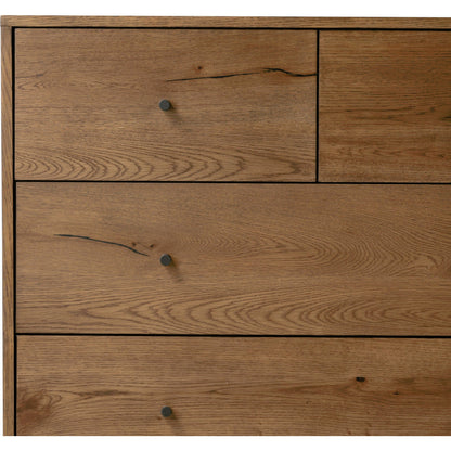 Eaton 5 Drawer Dresser by Four Hands in dark gunmetal, amber oak resin. Made from thick oak veneer, iron in a rustic style.