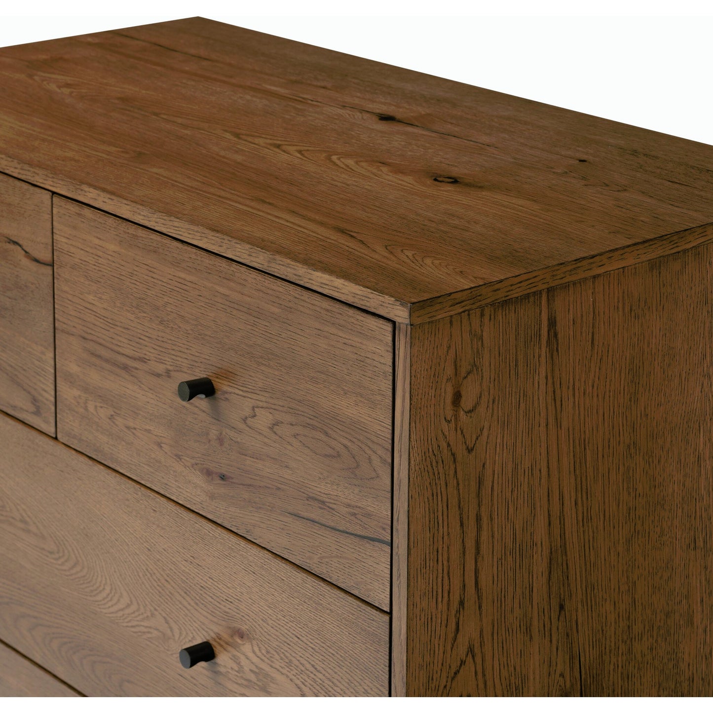 019 SI-1977260 | Closeup | Eaton 5 Drawer Dresser by Four Hands in dark gunmetal, amber oak resin. Made from thick oak veneer, iron in a rustic style.