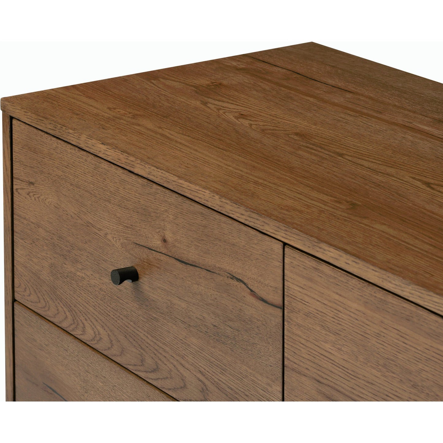 020 SI-1977260 | Closeup | Eaton 5 Drawer Dresser by Four Hands in dark gunmetal, amber oak resin. Made from thick oak veneer, iron in a rustic style.