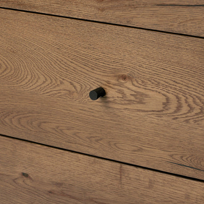 Eaton 5 Drawer Dresser by Four Hands in dark gunmetal, amber oak resin. Made from thick oak veneer, iron in a rustic style.