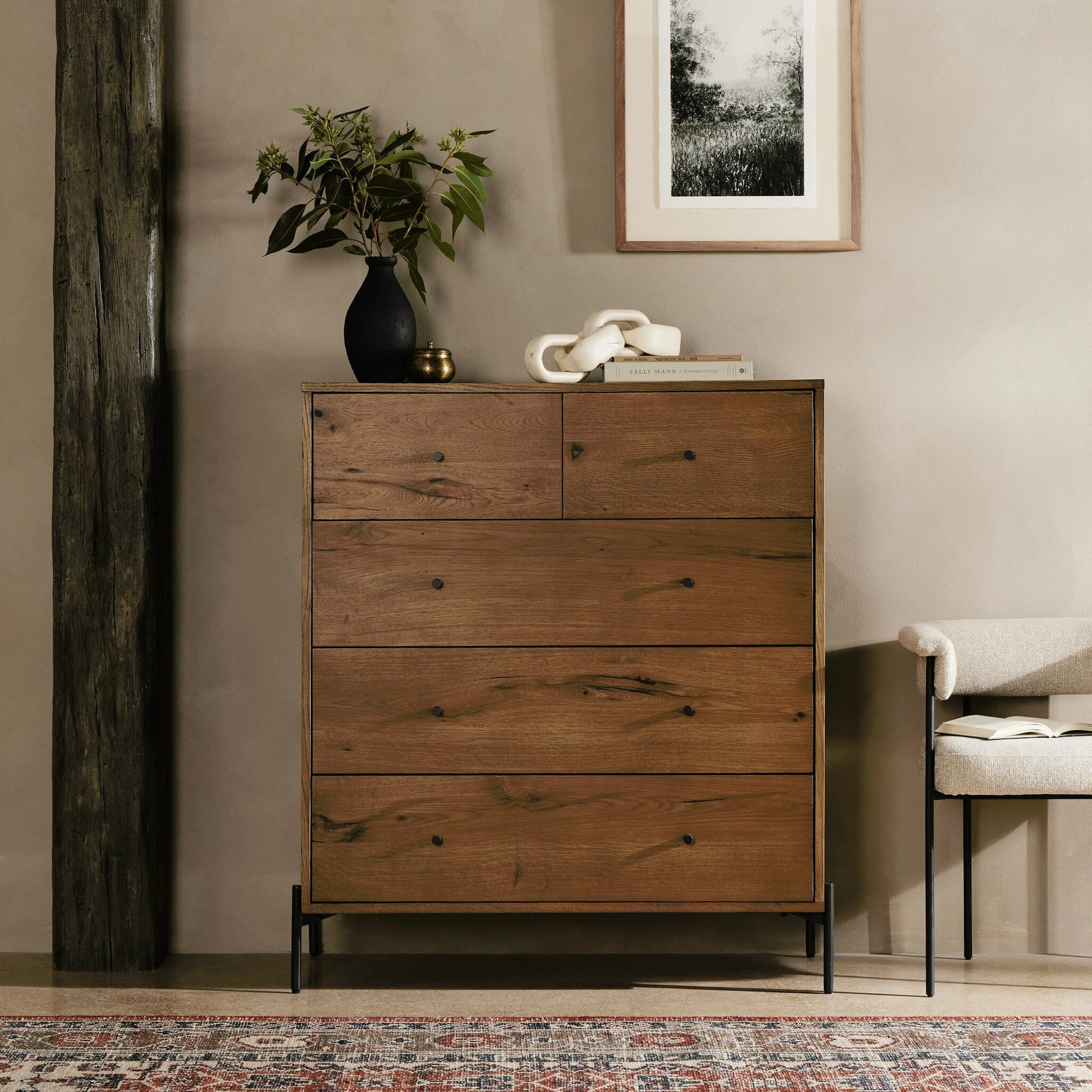 Eaton 5 Drawer Dresser by Four Hands in dark gunmetal, amber oak resin. Made from thick oak veneer, iron in a rustic style.