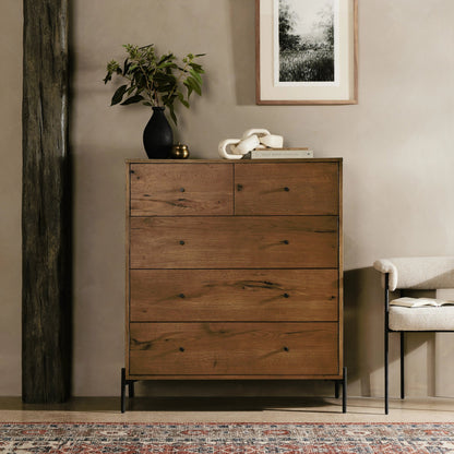 Eaton 5 Drawer Dresser by Four Hands in dark gunmetal, amber oak resin. Made from thick oak veneer, iron in a rustic style.