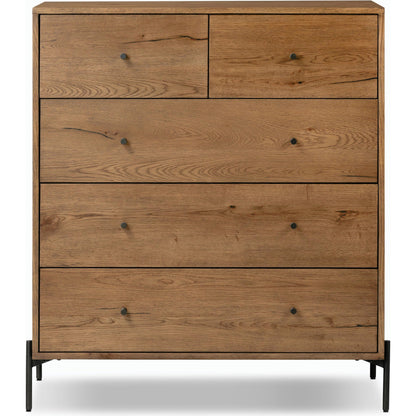 Eaton 5 Drawer Dresser by Four Hands in dark gunmetal, amber oak resin. Made from thick oak veneer, iron in a rustic style.