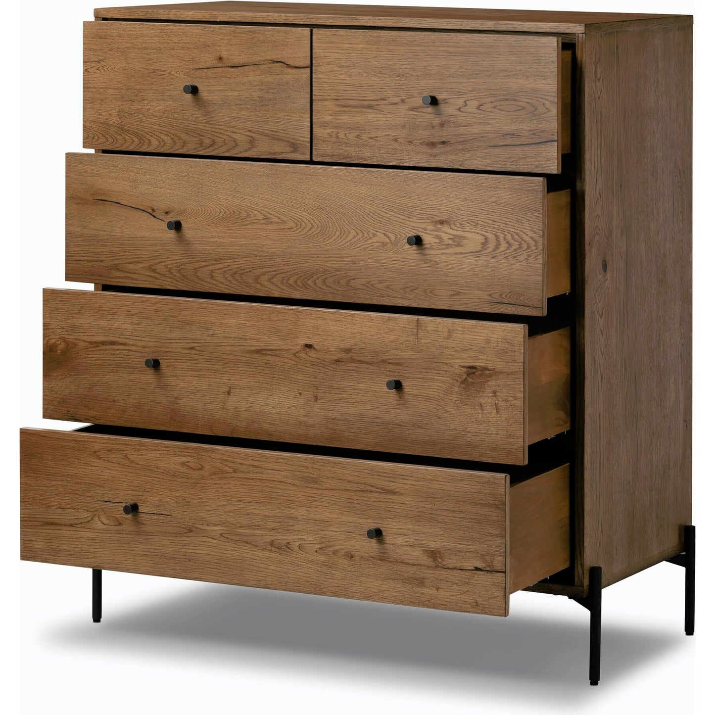 018 SI-1977260 | Closeup | Eaton 5 Drawer Dresser by Four Hands in dark gunmetal, amber oak resin. Made from thick oak veneer, iron in a rustic style.