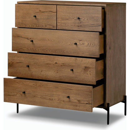 Eaton 5 Drawer Dresser by Four Hands in dark gunmetal, amber oak resin. Made from thick oak veneer, iron in a rustic style.