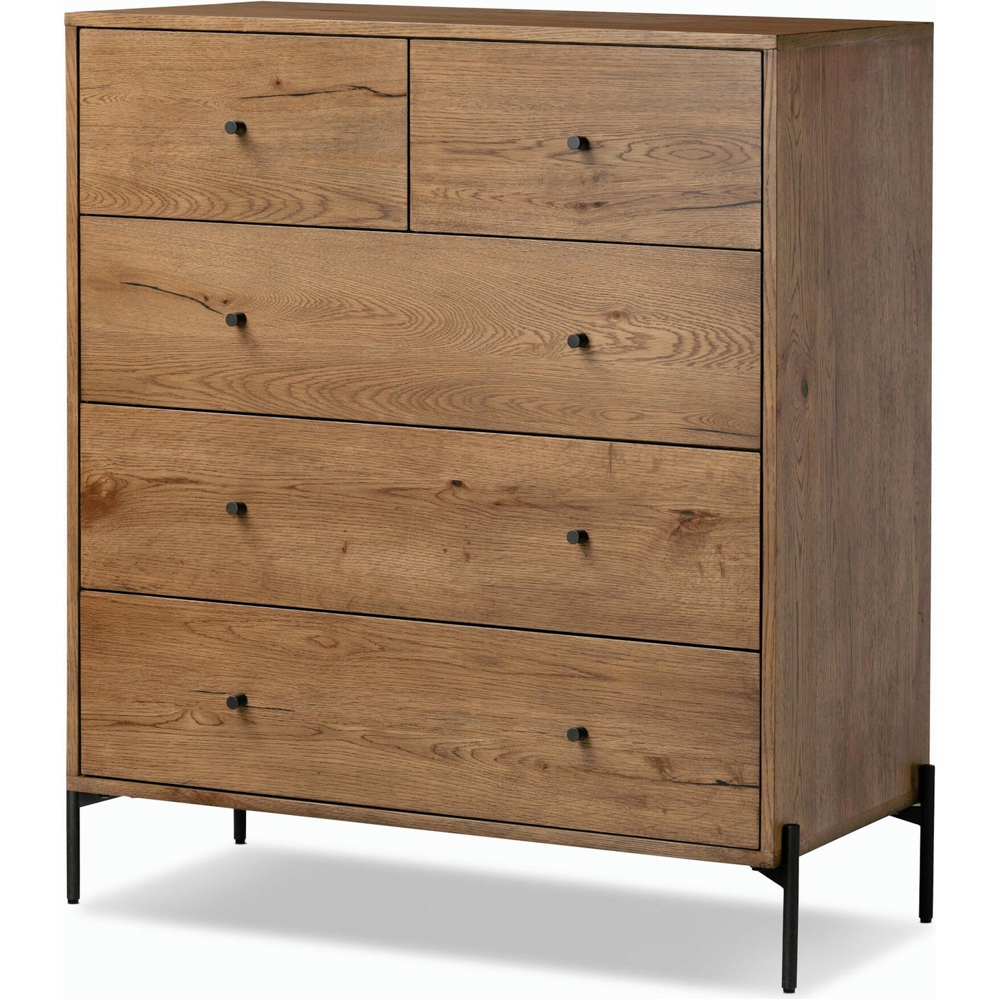 001 SI-1977260 | Primary Silo | Eaton 5 Drawer Dresser by Four Hands in dark gunmetal, amber oak resin. Made from thick oak veneer, iron in a rustic style.