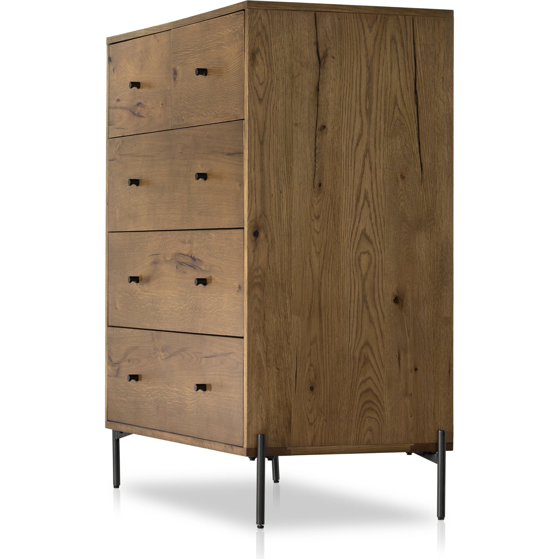 Eaton 5 Drawer Dresser by Four Hands in dark gunmetal, amber oak resin. Made from thick oak veneer, iron in a rustic style.