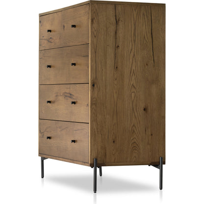 Eaton 5 Drawer Dresser by Four Hands in dark gunmetal, amber oak resin. Made from thick oak veneer, iron in a rustic style.