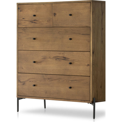 Eaton 5 Drawer Dresser by Four Hands in dark gunmetal, amber oak resin. Made from thick oak veneer, iron in a rustic style.