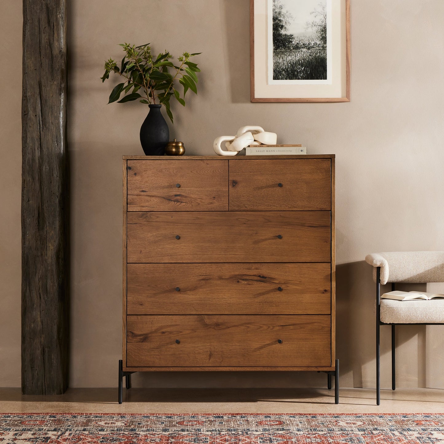 025 SI-1977260 | Lifestyle | Eaton 5 Drawer Dresser by Four Hands in dark gunmetal, amber oak resin. Made from thick oak veneer, iron in a rustic style.