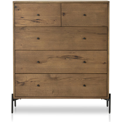 Eaton 5 Drawer Dresser by Four Hands in dark gunmetal, amber oak resin. Made from thick oak veneer, iron in a rustic style.