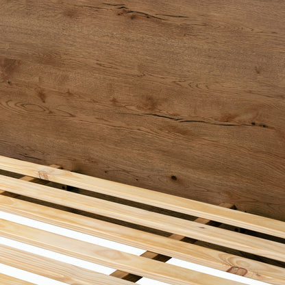 Eaton Bed by Four Hands in amber oak resin. Made from thick oak veneer, iron in a rustic style.