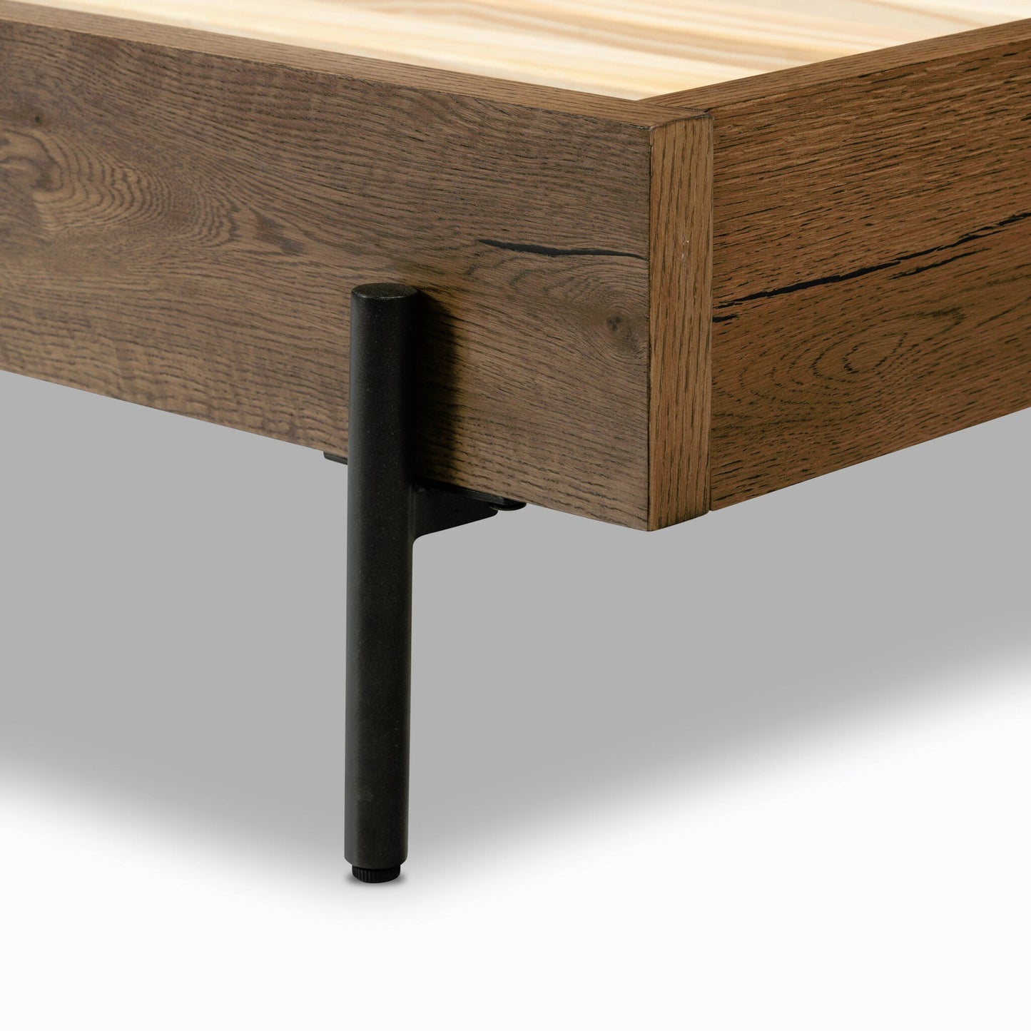 039 SI-1980352 | Closeup | Eaton Bed by Four Hands in amber oak resin. Made from thick oak veneer, iron in a rustic style.