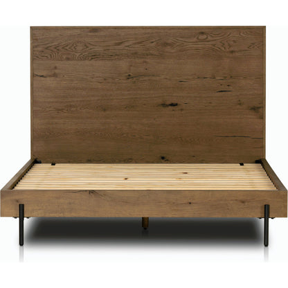 Eaton Bed by Four Hands in amber oak resin. Made from thick oak veneer, iron in a rustic style.