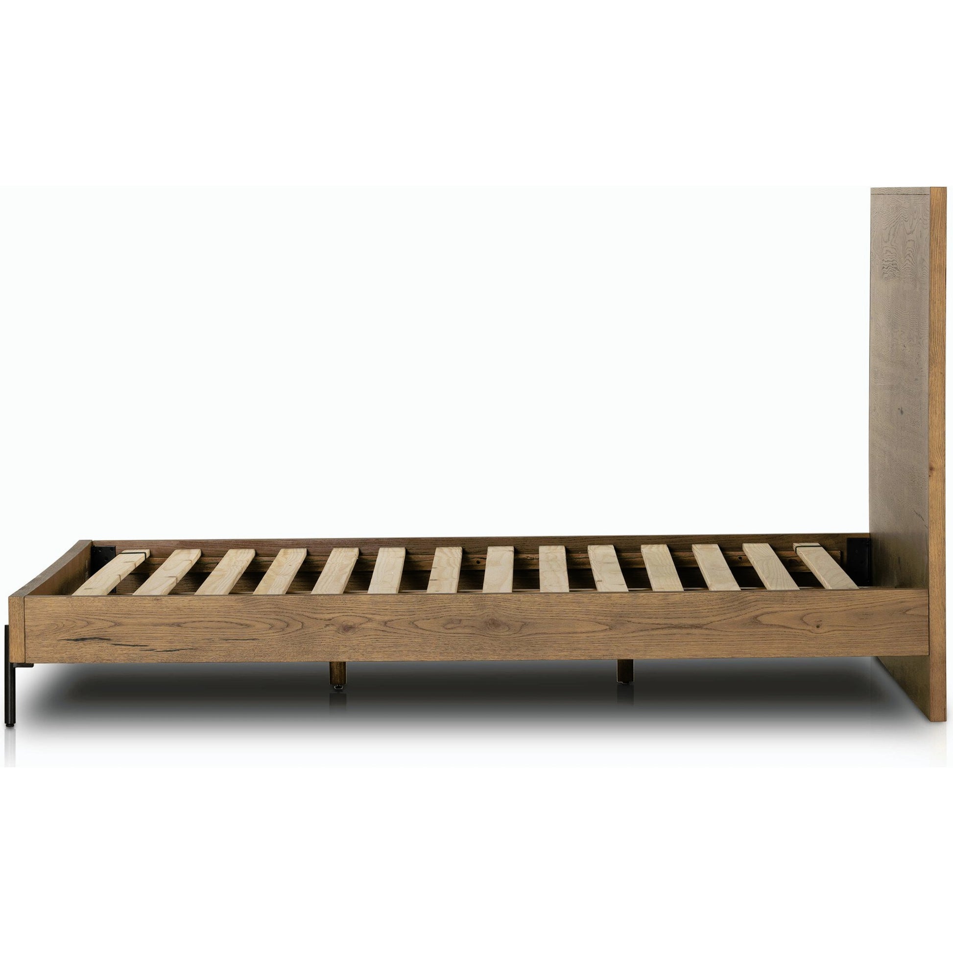 Eaton Bed by Four Hands in amber oak resin. Made from thick oak veneer, iron in a rustic style.