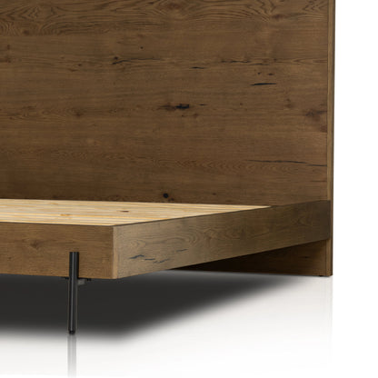 Eaton Bed by Four Hands in amber oak resin. Made from thick oak veneer, iron in a rustic style.