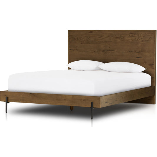 Eaton Bed by Four Hands in amber oak resin. Made from thick oak veneer, iron in a rustic style.
