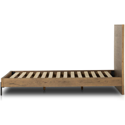 Eaton Bed by Four Hands in amber oak resin. Made from thick oak veneer, iron in a rustic style.