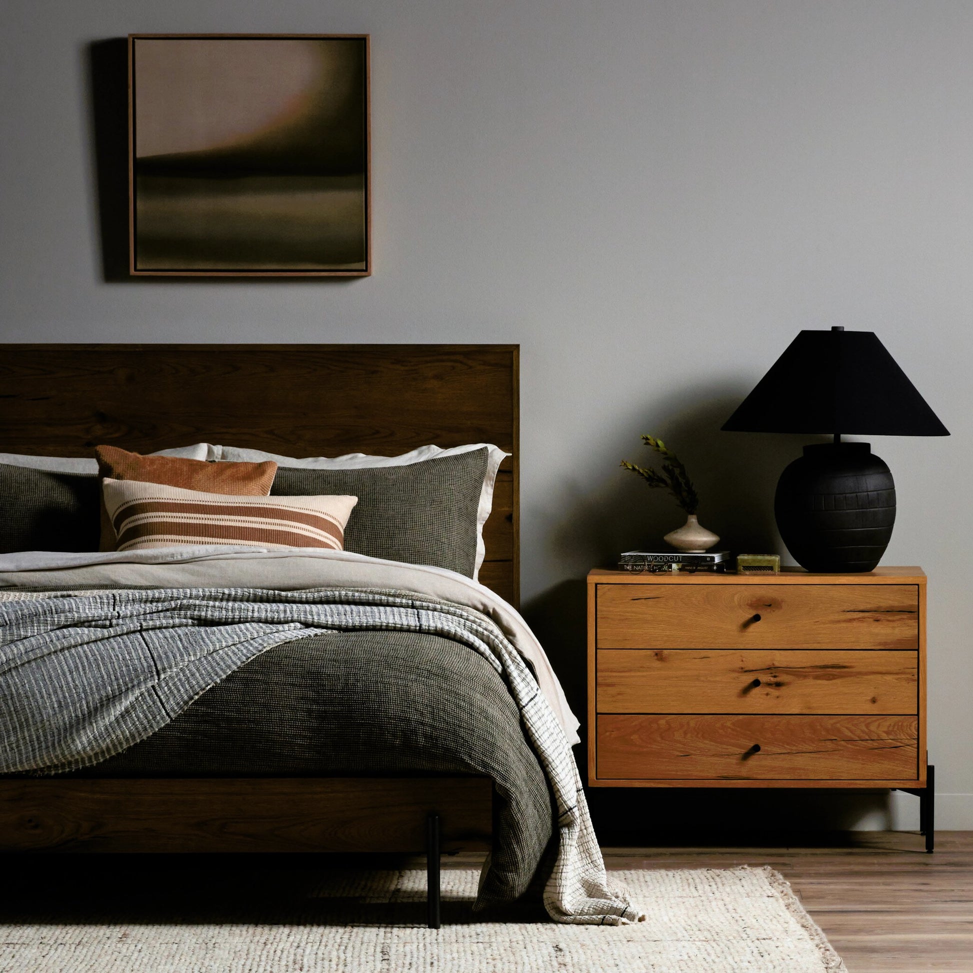 Eaton Bed by Four Hands in amber oak resin. Made from thick oak veneer, iron in a rustic style.