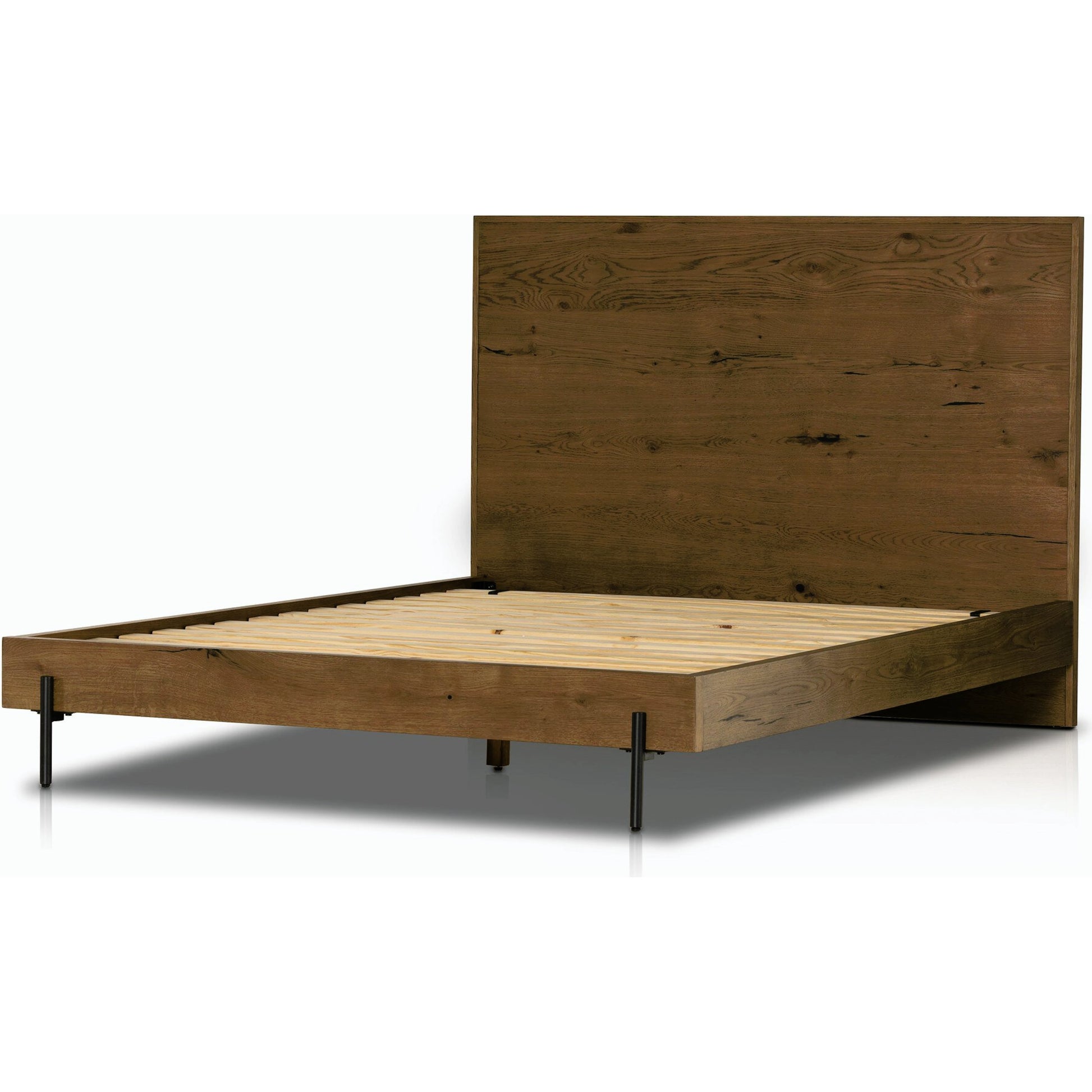 Eaton Bed by Four Hands in amber oak resin. Made from thick oak veneer, iron in a rustic style.