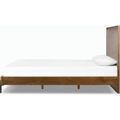 Eaton Bed by Four Hands in amber oak resin. Made from thick oak veneer, iron in a rustic style.