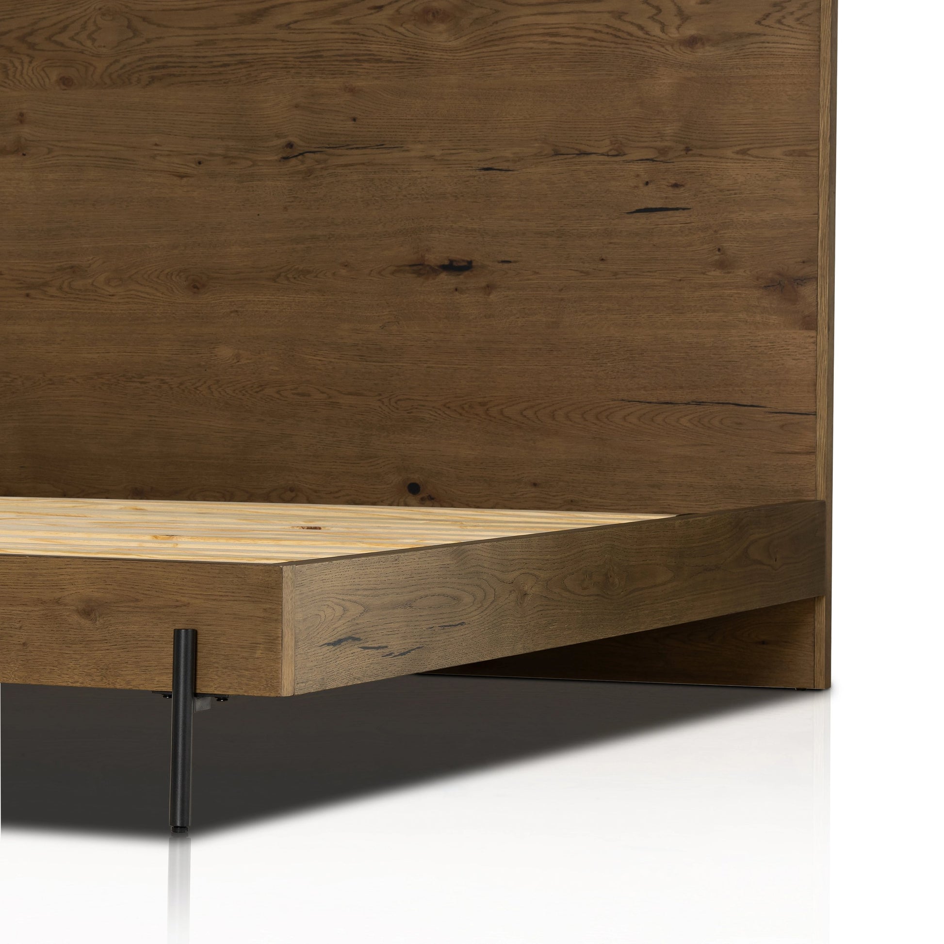 Eaton Bed by Four Hands in amber oak resin. Made from thick oak veneer, iron in a rustic style.