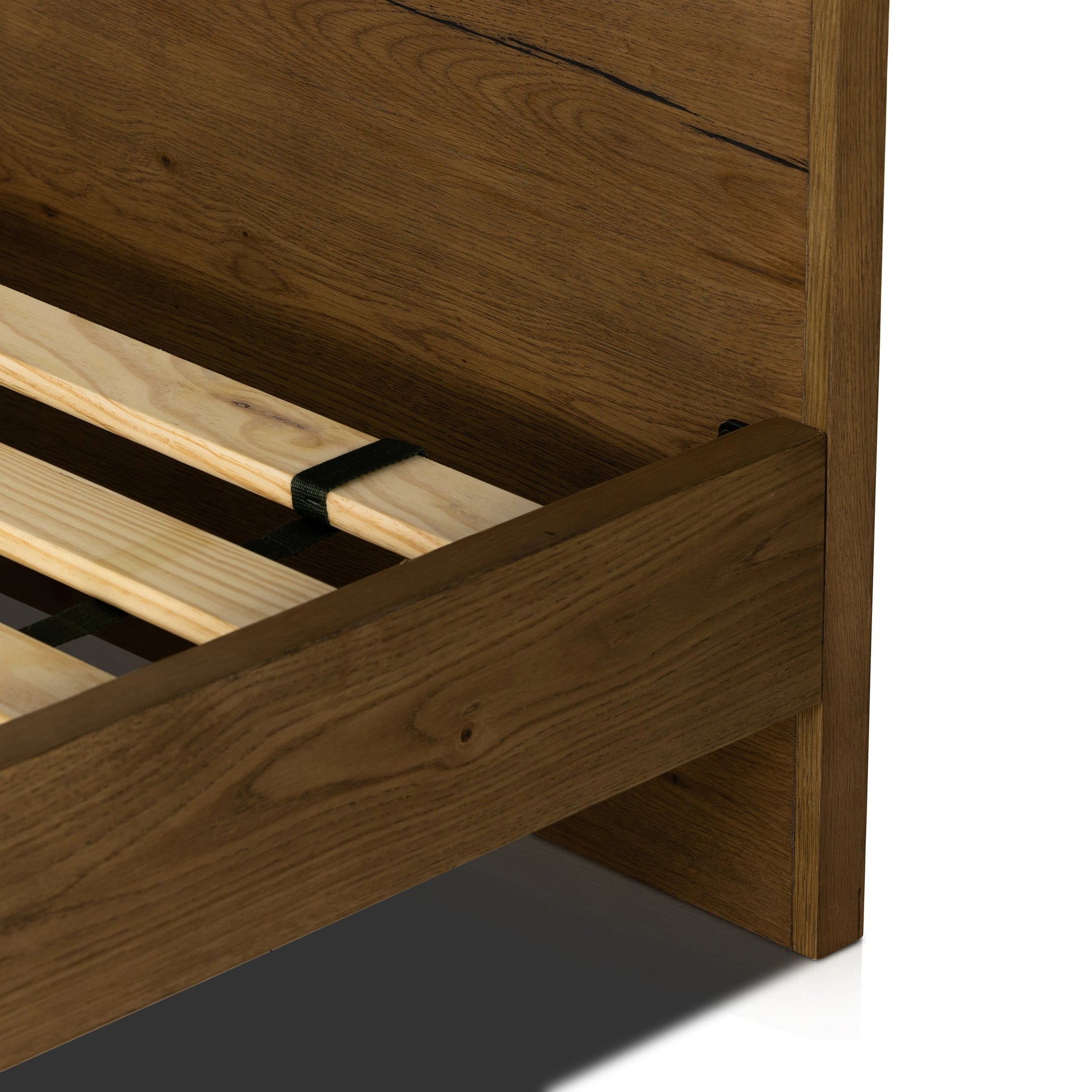 Eaton Bed by Four Hands in amber oak resin. Made from thick oak veneer, iron in a rustic style.