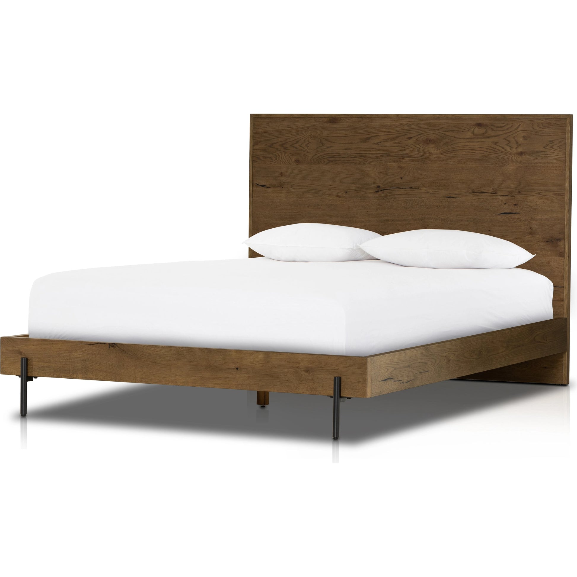Eaton Bed by Four Hands in amber oak resin. Made from thick oak veneer, iron in a rustic style.