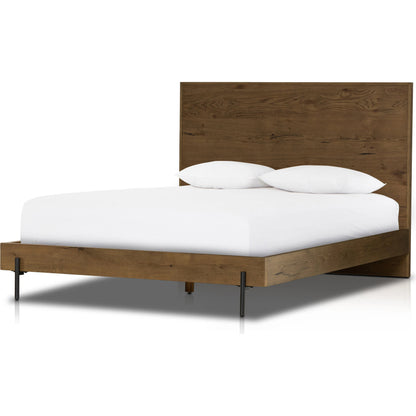 Eaton Bed by Four Hands in amber oak resin. Made from thick oak veneer, iron in a rustic style.