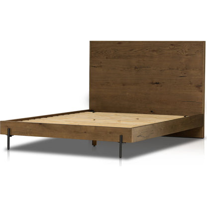 Eaton Bed by Four Hands in amber oak resin. Made from thick oak veneer, iron in a rustic style.