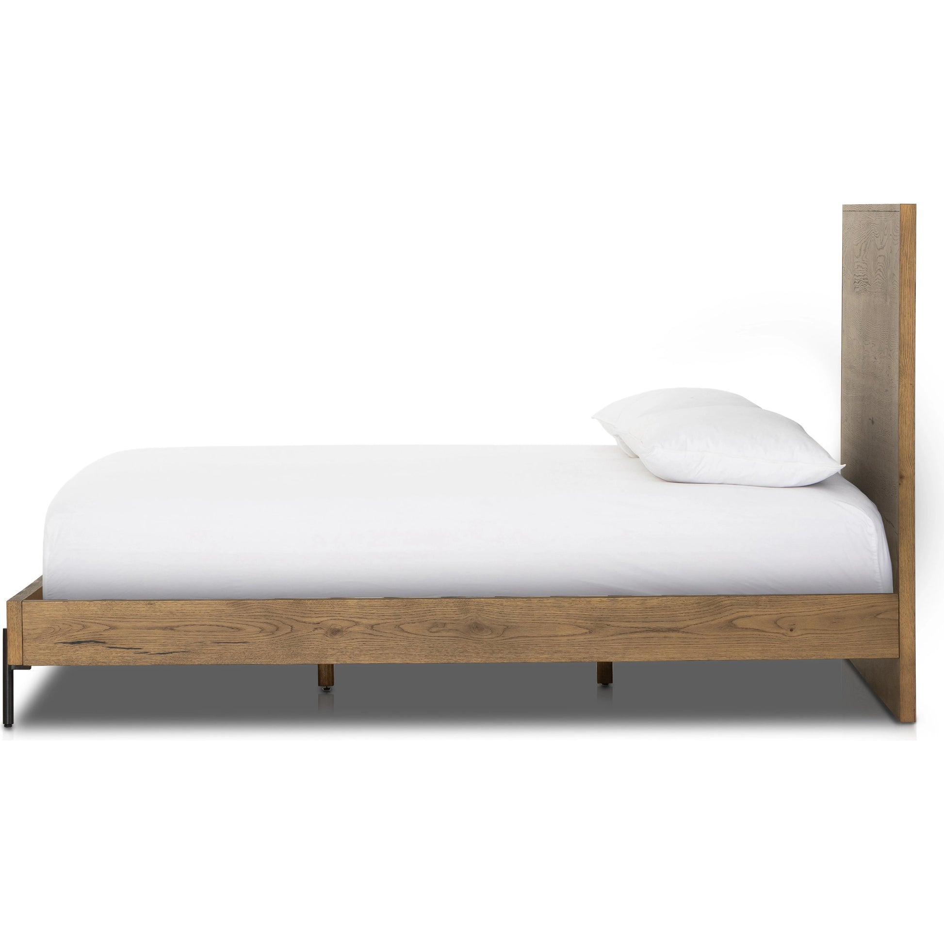 Eaton Bed by Four Hands in amber oak resin. Made from thick oak veneer, iron in a rustic style.