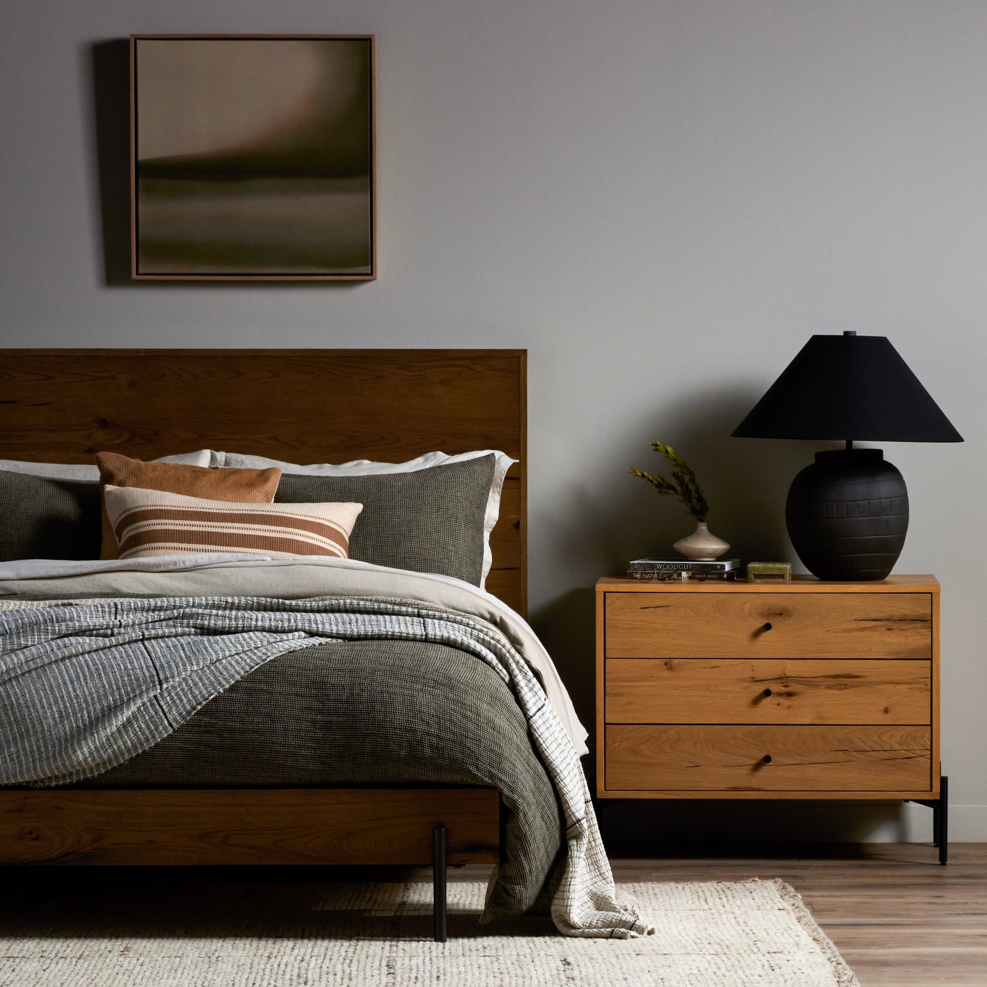 Eaton Bed by Four Hands in amber oak resin. Made from thick oak veneer, iron in a rustic style.