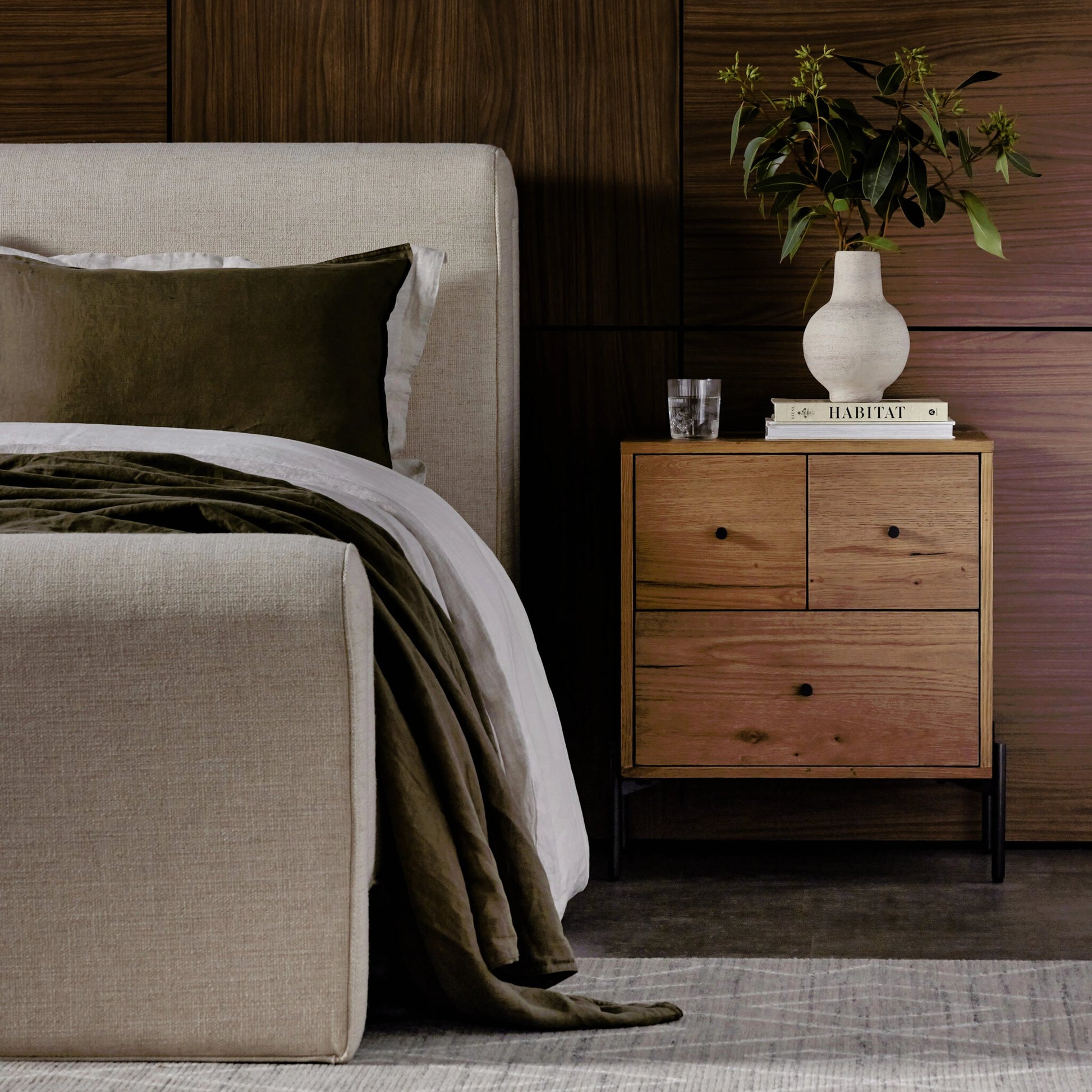 Eaton Nightstand by Four Hands. Made from thick oak veneer, iron in a rustic style.