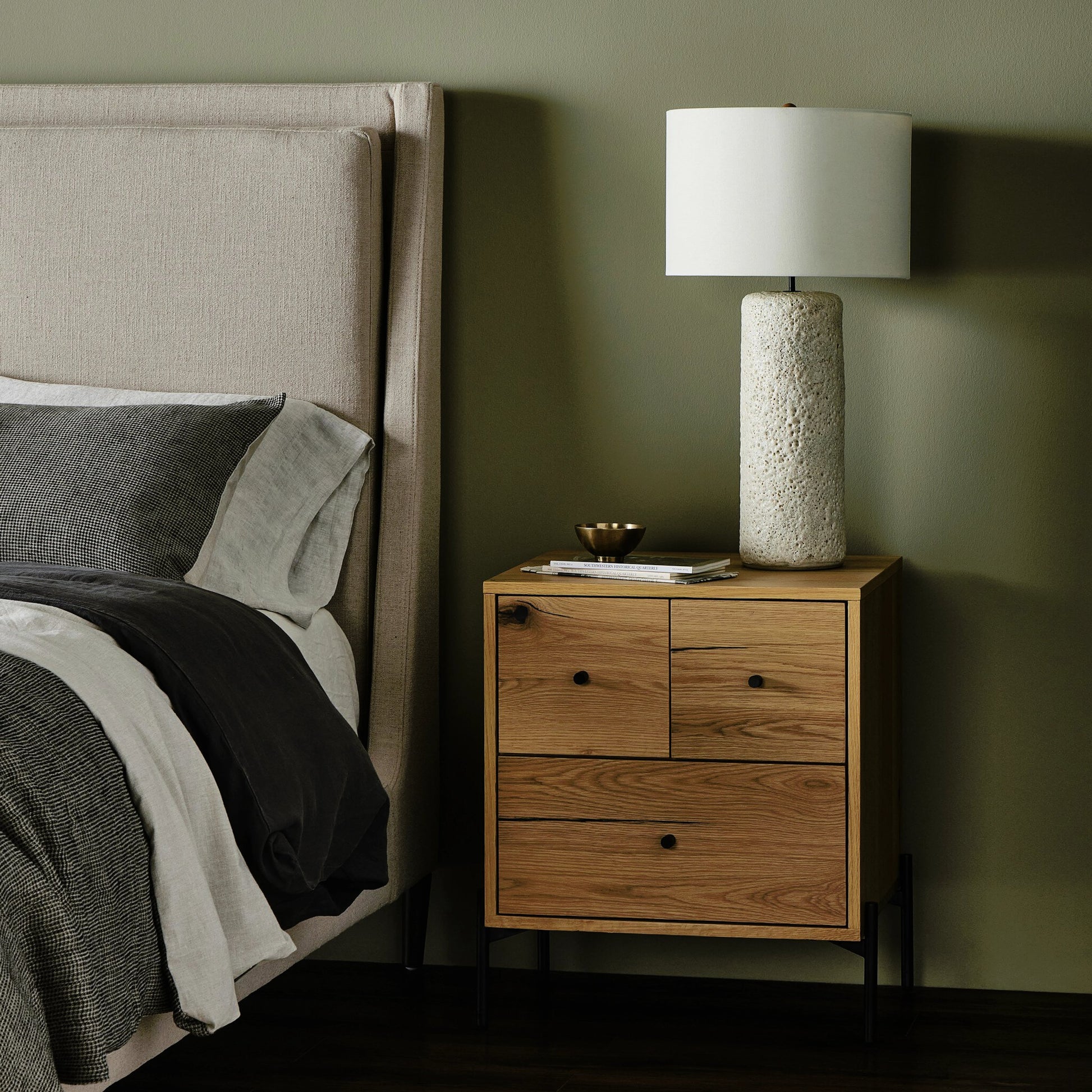 Eaton Nightstand by Four Hands. Made from thick oak veneer, iron in a rustic style.