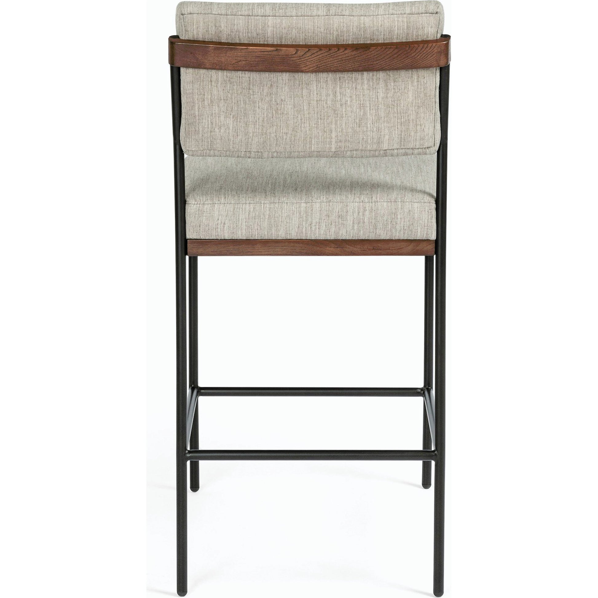 Benton Bar + Counter Stool by Four Hands in savile flannel and almond, midnight iron. Made from 92% polyester, 8% flax, linen, solid nettlewood, iron in a modern style.