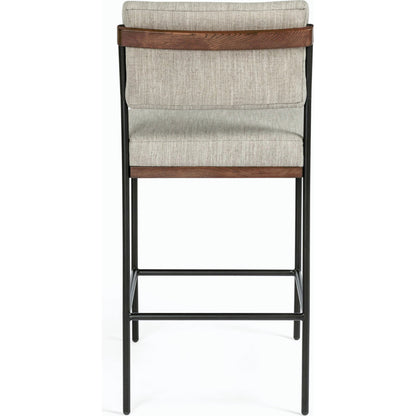 Benton Bar + Counter Stool by Four Hands in savile flannel and almond, midnight iron. Made from 92% polyester, 8% flax, linen, solid nettlewood, iron in a modern style.