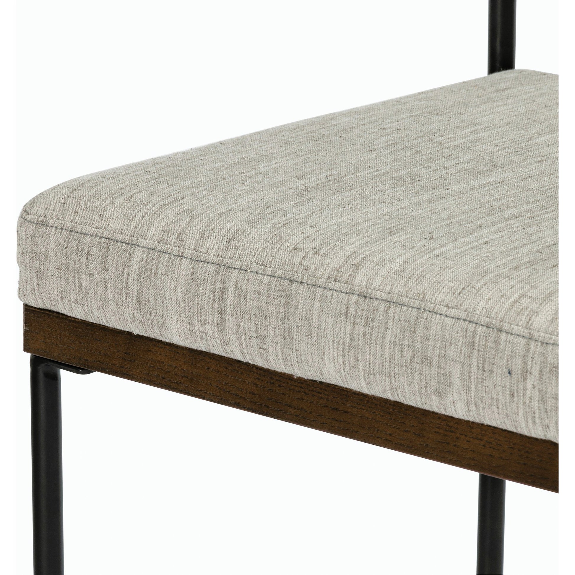 Benton Bar + Counter Stool by Four Hands in savile flannel and almond, midnight iron. Made from 92% polyester, 8% flax, linen, solid nettlewood, iron in a modern style.